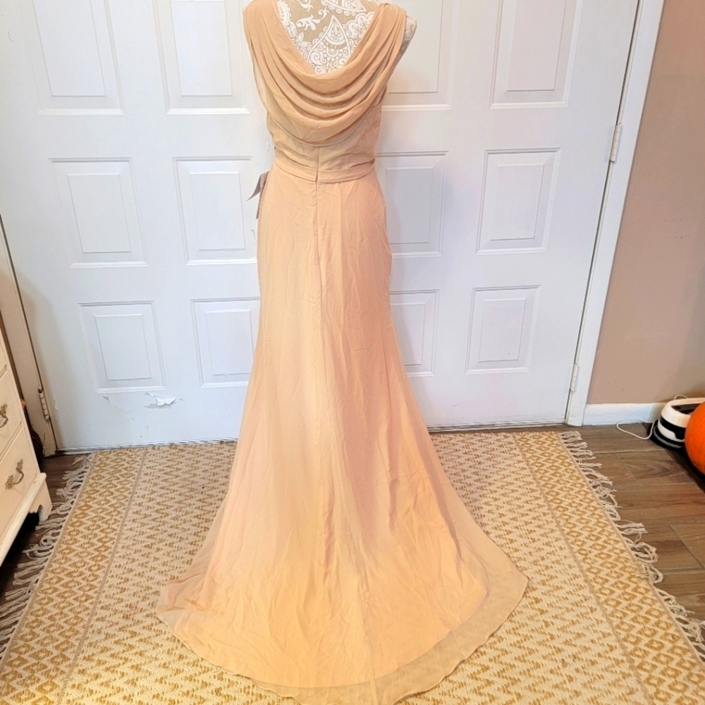 NWT neutral female dress with chiffon cowl‎ back, cups and slit floor length